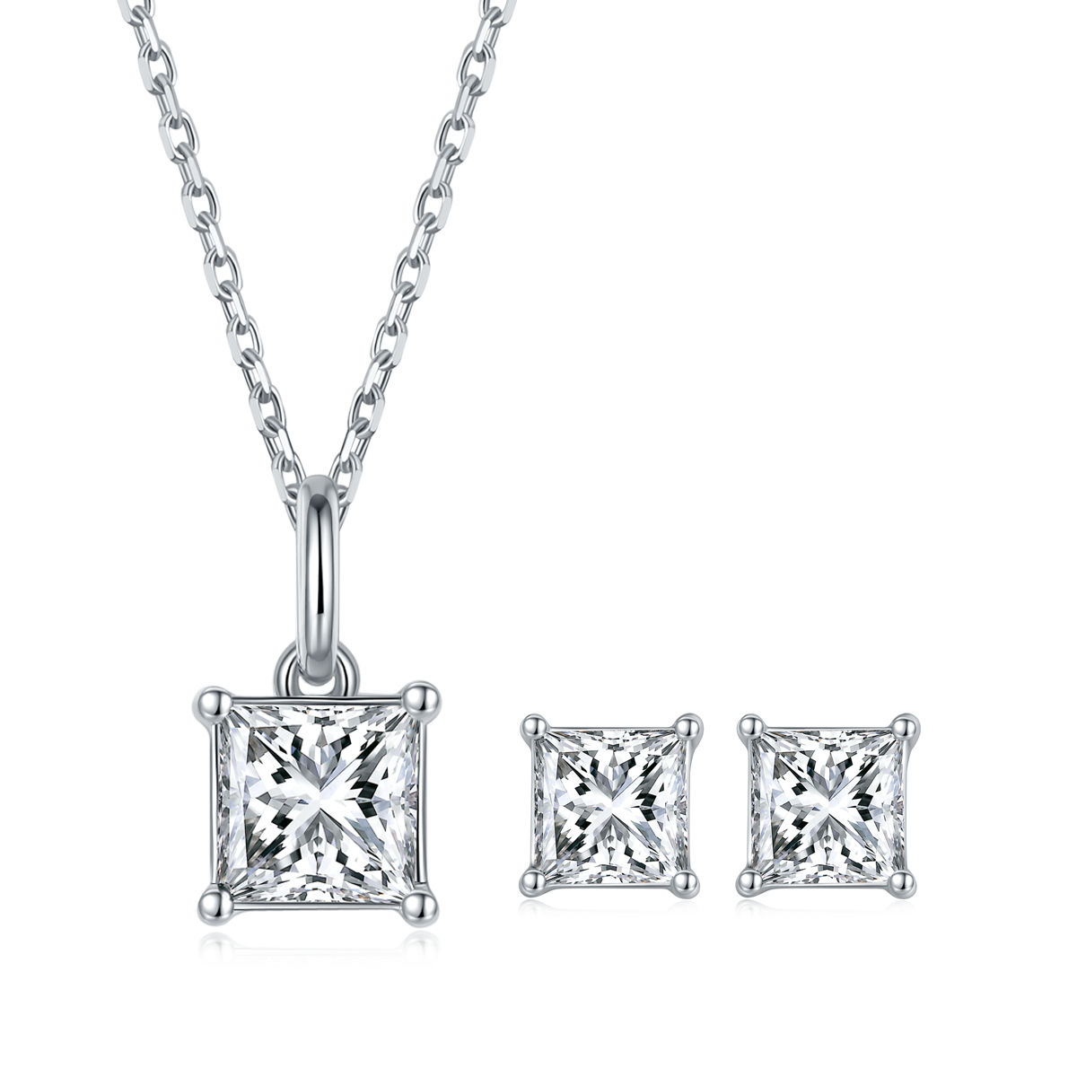 Classic Square S925 Silver Plated Platinum Moissanite Diamond Pendant Earnail Set